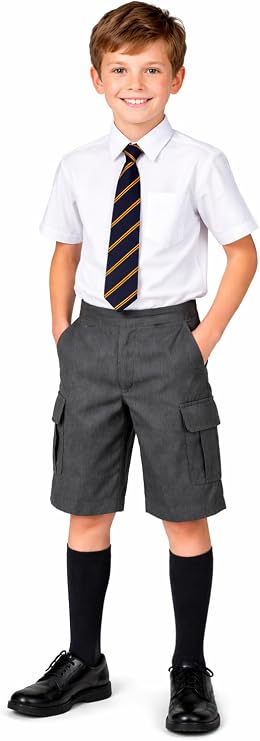 Boys Half Elastic Adjustable Waist Cargo School Shorts