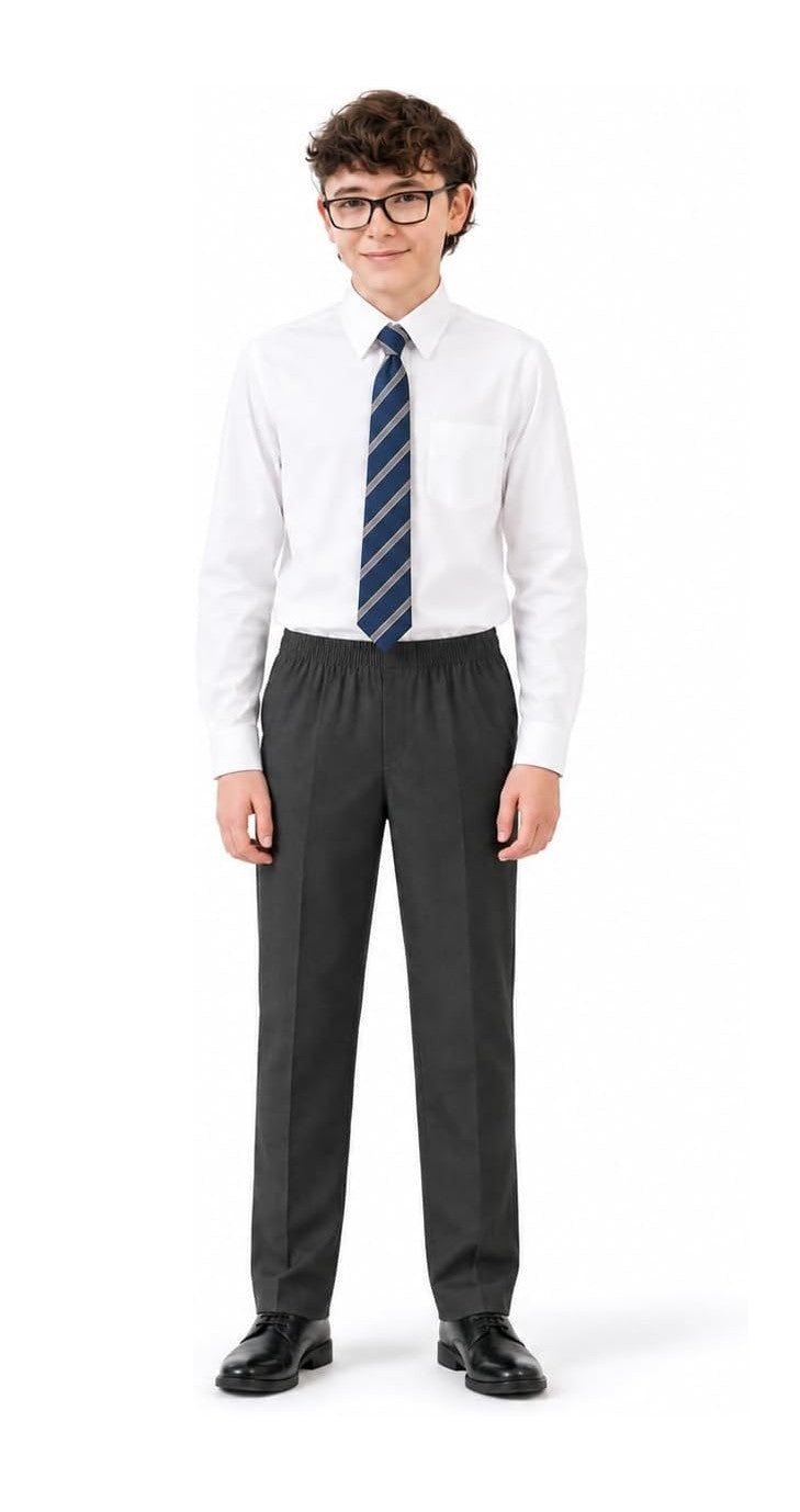 Boys Full Elasticated Waist Slim Fit Pull Up School Trousers