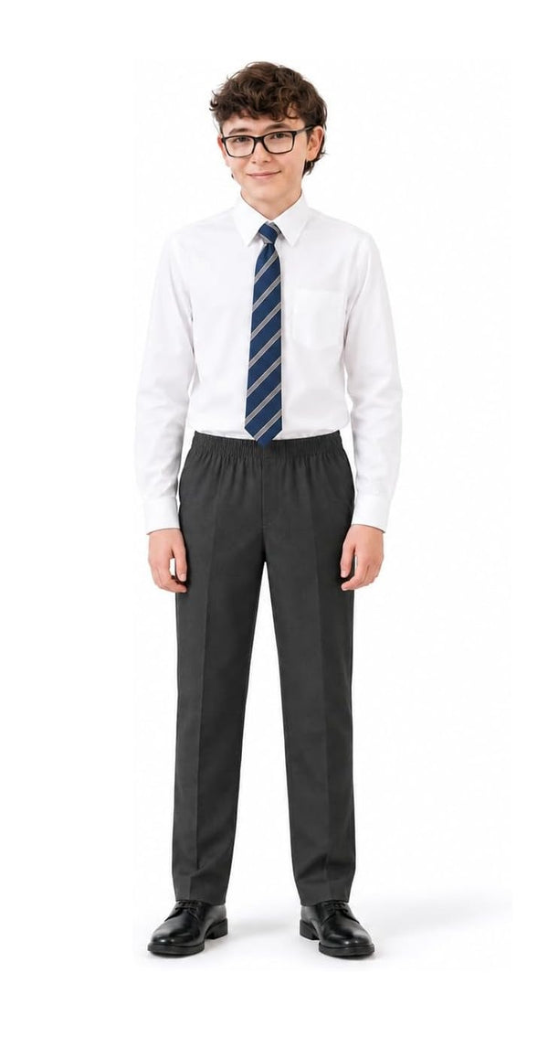 Boys Full Elasticated Waist Slim Fit Pull Up School Trousers