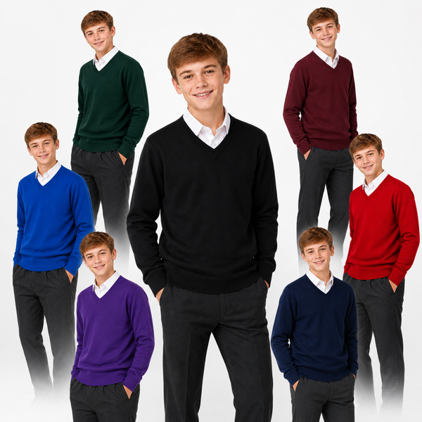 BOYS/KIDS SCHOOL UNIFORM FLEECE V-NECK JUMPER – AGES 2-17 YEARS