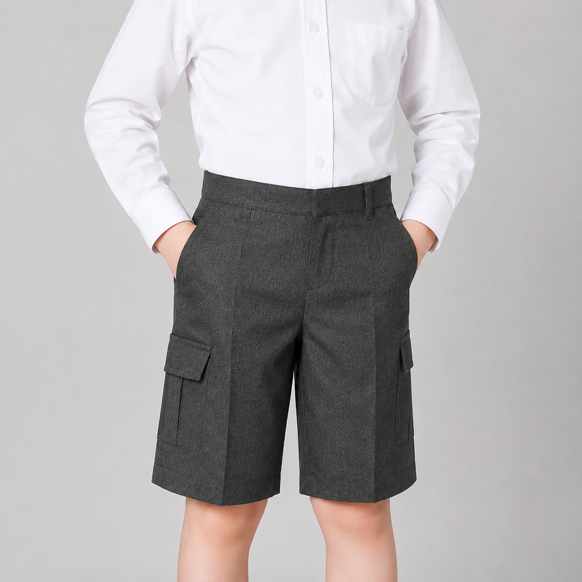 Half Elastic Adjustable Waist Regular Fit Pull Up Cargo School Shorts