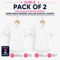 Pack of 2 Girls White Short Sleeve Open Neck Revere Collar School Blouse