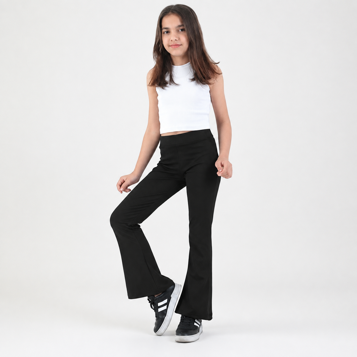 Girls Trousers Pull Up Flexible Stretchy Rib
