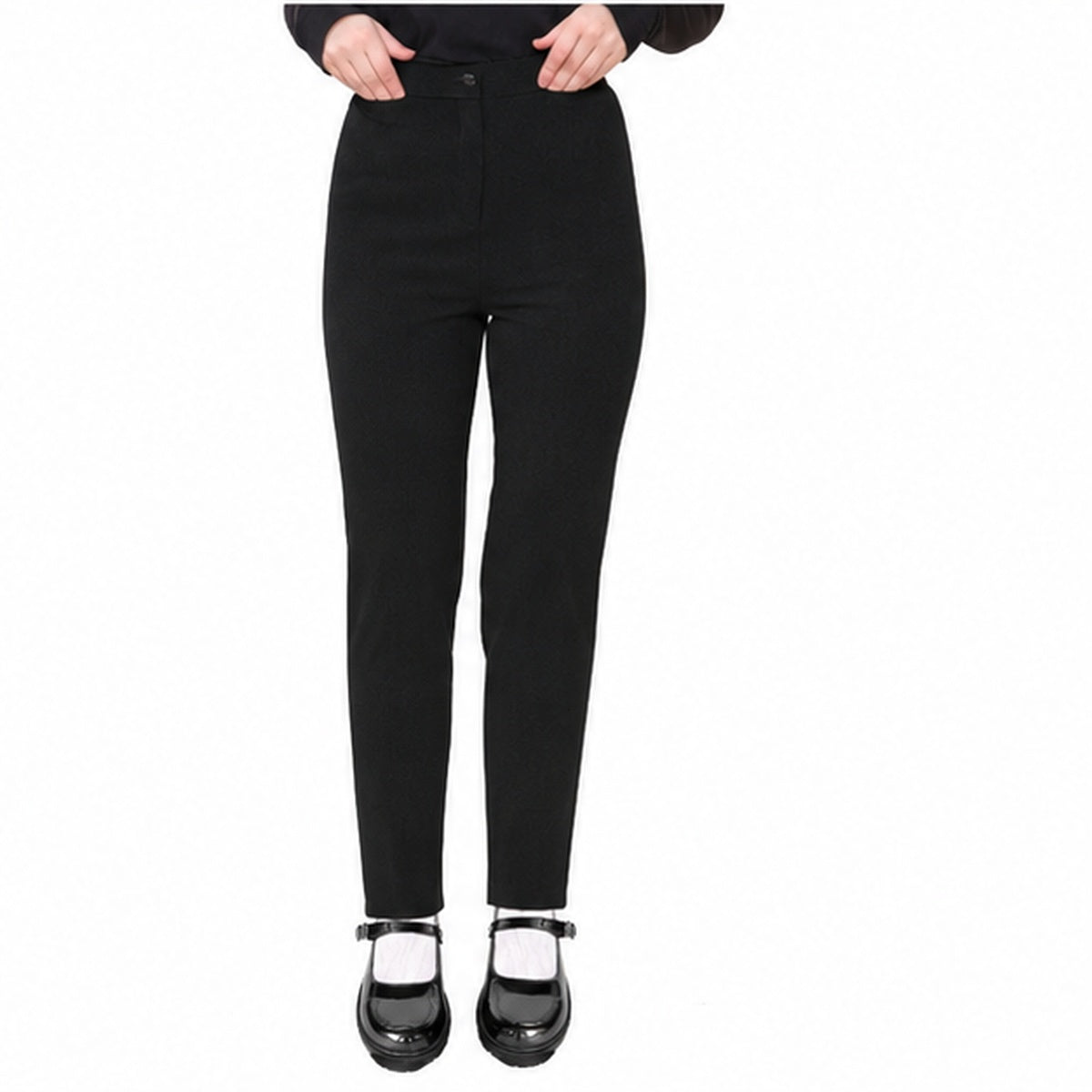 Girls Half Elasticated Waist Slim Fit Button & Zip School Trouser