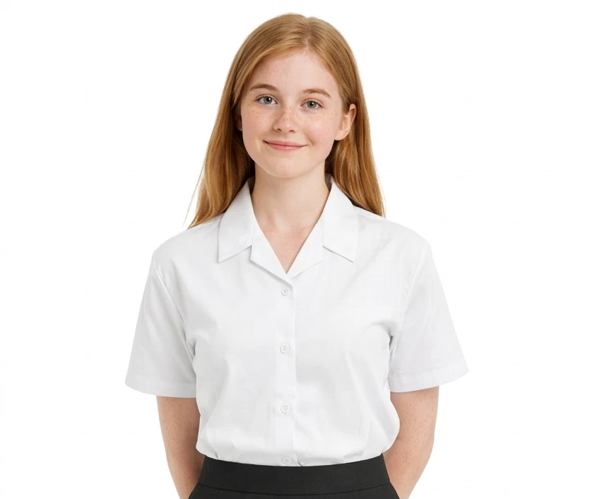 Girls White Short Sleeve Open Neck Revere Collar School Blouse – Ages 9 to 18+ Years